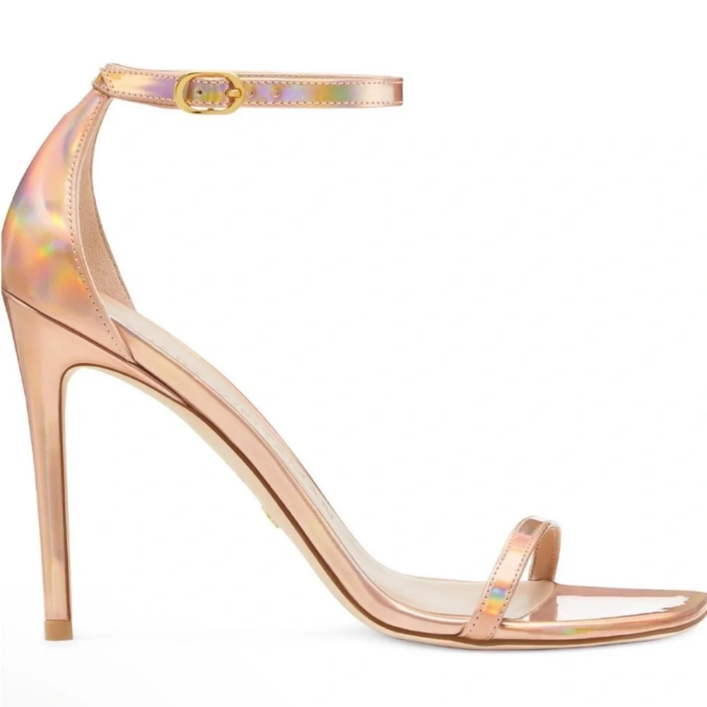 Stuart Weitzman Nudistcurve 100 Ankle Strap Heel Rose Gold Metallic Hologram